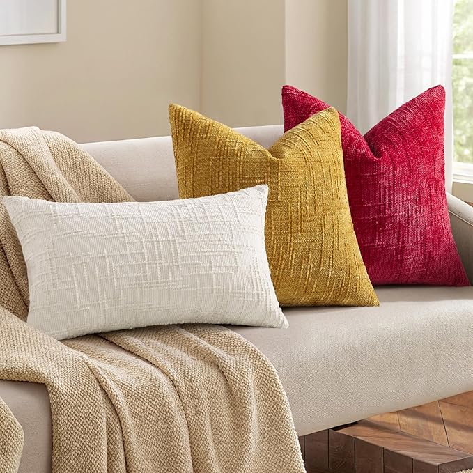 decorUhome Spring Red Chenille Throw Pillow Covers 18x18 Set of 2 Textured Slubby Couch Pillow Covers Farmhouse Accent Modern Neutral Decorative Pillow Cases for Bed Sofa Living Room