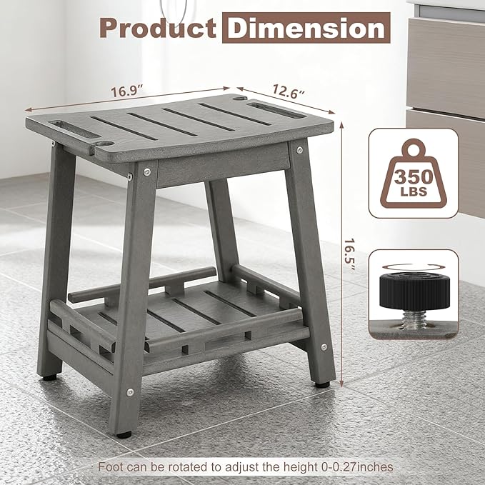 HDPE Shower Bench Seat for Shaving Legs, Waterproof Shower Stool with Storage Shelf for Bathroom,Grey