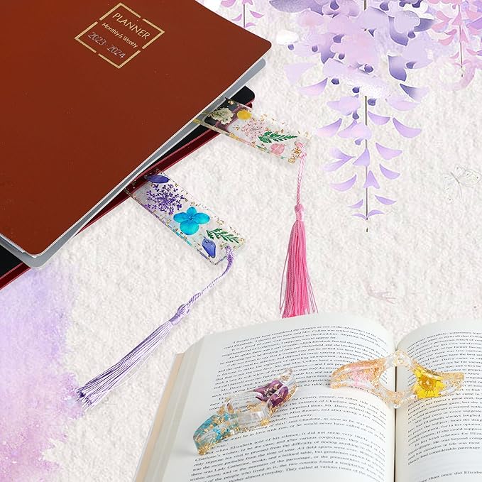 Rohuis Book Page Holder for Reading, 4Pcs Dried Flower Resin Thumb Saver and Transparent Bookmarks with Tassels, Book Accessories for Reading Lovers, Gift for Bookworm, Student, Teacher
