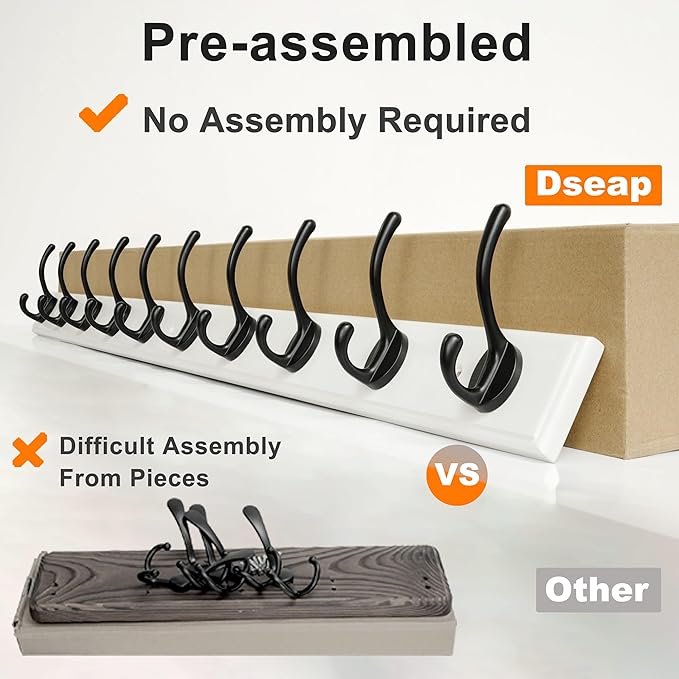 Dseap Coat Rack Wall Mounted: 10-Hooks, 38-1/4" Long, 16" Hole to Hole, Wood Coat?Hooks Wall Mounted, Hook Rack, Hook Rail, Hooks for Hanging Coats, White & Black