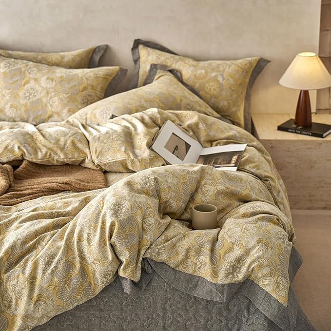 LifeTB Vintage Floral Duvet Cover Set Full Yarn-Dyed Linen Cotton Jacquard Duvet Cover with 2 Pillowcases Yellow Gold Flower Bedding Set Cottagecore Floral Botanical Duvet Cover with Zipper Closure