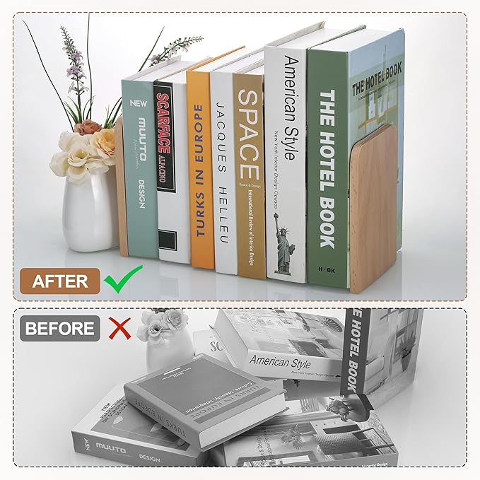 Wood Book Ends, 2 Pack Beech Wood Bookends for Shelves, Non-Slip L-Shaped Heavy Duty Bookends, Book Stopper, Bookshelf Holder Stand for Home, Office, Library, School