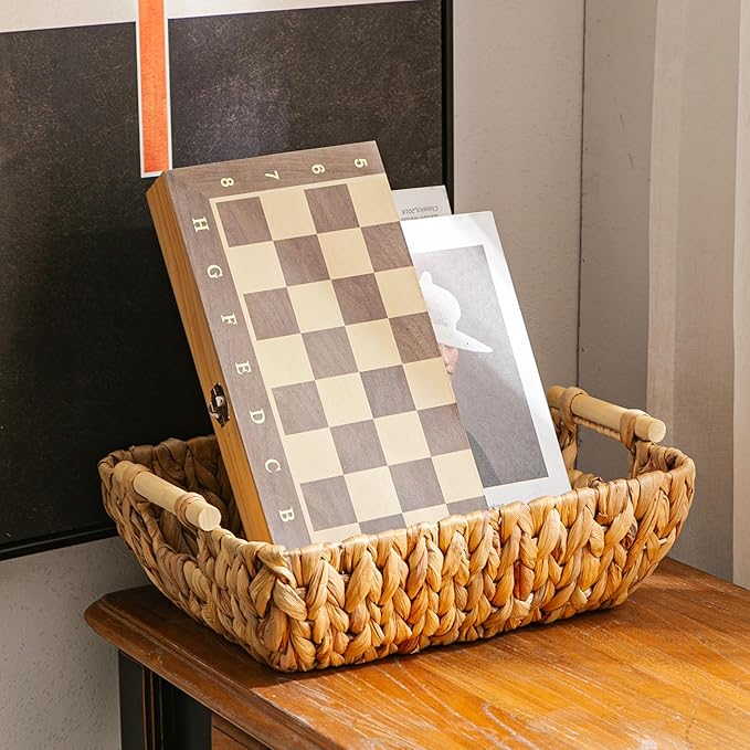 Woven Storage Baskets – Set of 3 Handwoven Water Hyacinth Wicker Baskets with Wooden Handles for Organizing, Decorative Baskets for Laundry Room, Home Decor - Large, Medium & Small