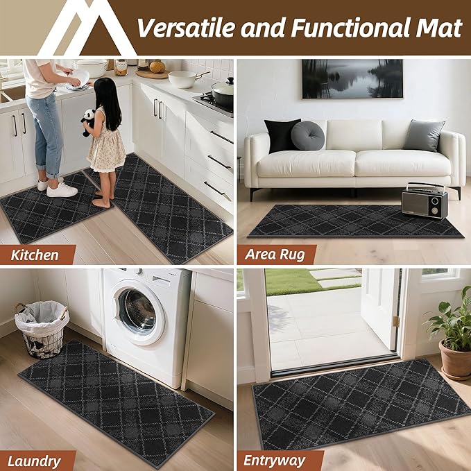 COSY HOMEER Kitchen Rugs and Mats Sets 2PCS Non-Slip Soft Kitchen Mats for Floor Absorbent and Stain Resistant Kitchen Floor Mat Washable Plaid Rugs for Kitchen,24"x36"+24"x60",Dark Grey