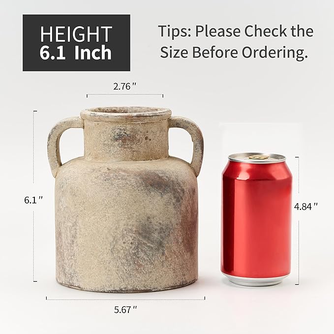 Emotionally Grounded Vase, Vaseking Ceramic Rustic Vase with 2 Handles, 6.1 inch Minimalist Decorative Farmhouse Vases for Home Decor, Living Room, Enterway, Table Decoration, Neutral