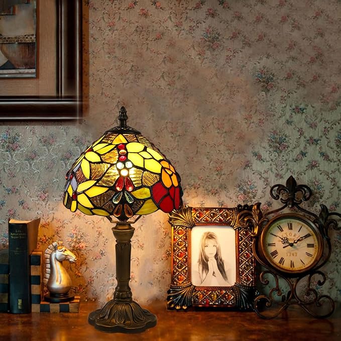 Tiffany Lamp Rose Flower Stained Glass Table Lamp,3 Color-Temperature Nightstand Bedside Home Office Desk Lamp Accent Lamp for Living Room,Bedroom,Hotel+LED Bulb,8X8X15 Inch