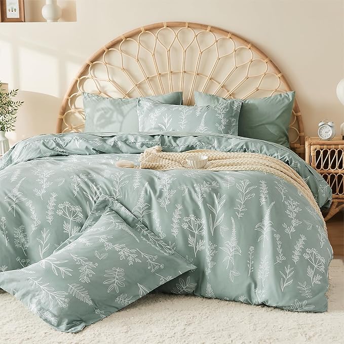 MUXHOMO Duvet Cover Full Size, Reversible Floral Green Duvet Cover Set with Zipper Closure, 3 Pieces Botanical Patterns Soft Microfiber Bedding Set with 4 Ties (80"x90", 2 Pillow Cases)