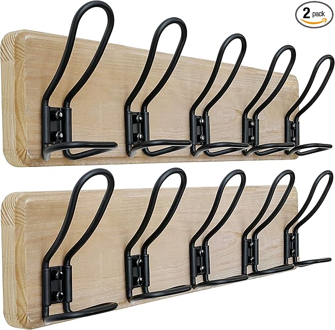 Dseap Coat Rack Wall Mounted - Heavy Duty Farmhouse Rustic Wall Coat Hanger With 5 Wire Hooks for Clothes Hat Jacket Towel, RusticWire, G25A, Weathered Brown & Black, Pack of 2