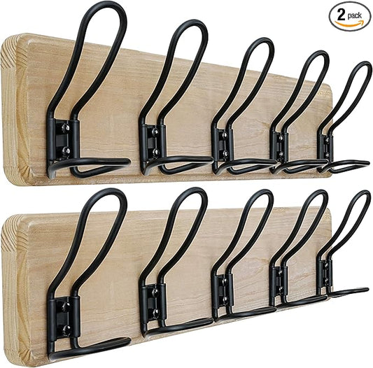 Dseap Coat Rack Wall Mounted - Heavy Duty Farmhouse Rustic Wall Coat Hanger With 5 Wire Hooks for Clothes Hat Jacket Towel, RusticWire, G25A, Weathered Brown & Black, Pack of 2
