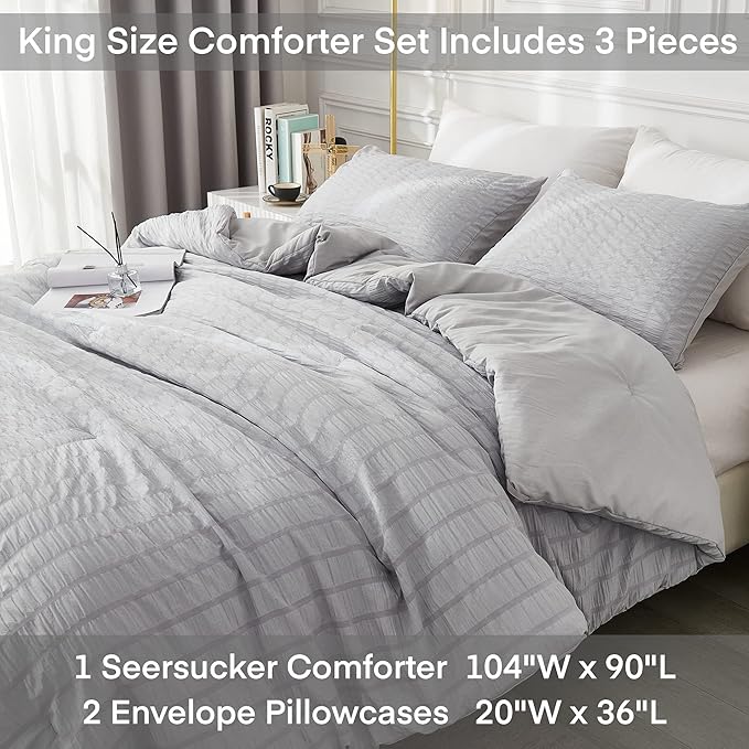 AveLom Seersucker King Comforter Set (104x90 inches), 3 Pieces - 100% Soft Washed Microfiber Lightweight with 2 Pillowcases, All Season Down Alternative for Bedding, Light Gray