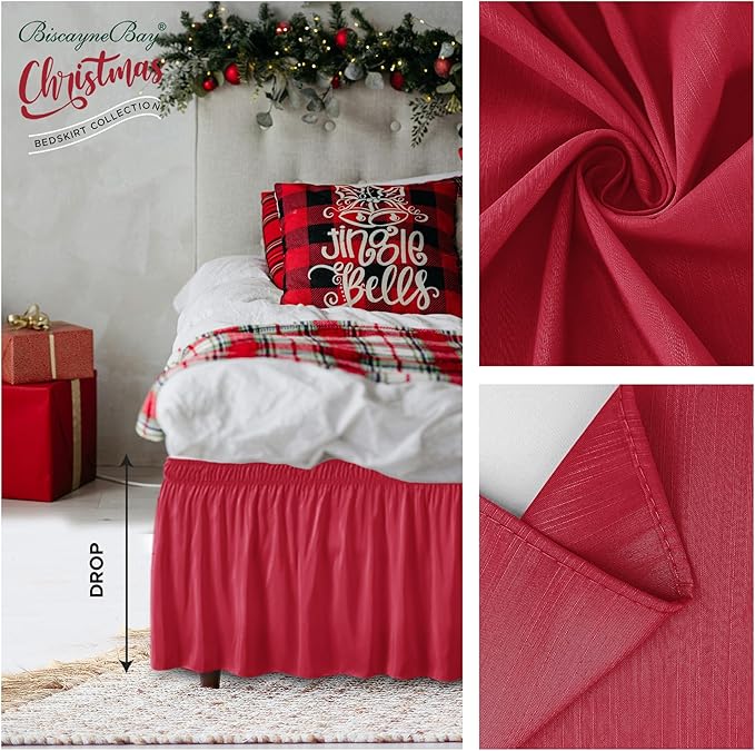 Biscaynebay Wrap Around Bed Skirts for King & Cal King Beds Short Drop of 12", Red Adjustable Elastic Dust Ruffles Easy Fit Wrinkle Resistant Silky Luxurious Fabric Machine Washable