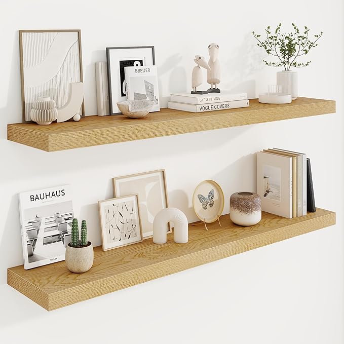 48in Floating Shelves for Wall, 48"W x 9.25"D x 1.25"H, 2 Pack Long Wall Mounted Engineered Wood Shelves with Invisible Brackets for Living Room, Bedroom, Bathroom, Kitchen Decor and Storage, Oak