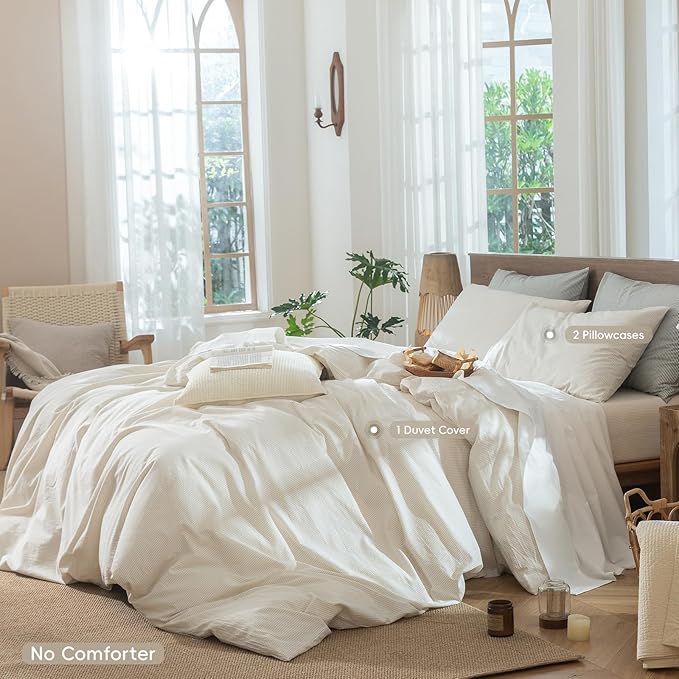 MooMee Striped Duvet Cover Set 100% Washed Cotton Linen Like Textured Breathable Durable Soft Comfy (Almond Milk Grey Pinstripes, King 104"x90")