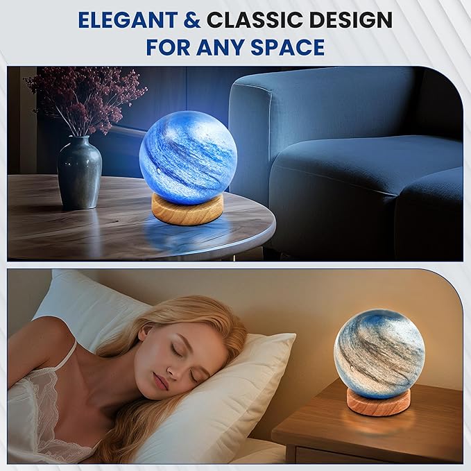 New Luxury Planet Night Light Glass Bedside with Wooden Base 3 Modes - Dimmable Swirl Planet Table Lamp for Bedroom Nightstand, Desk Lamp for Living Room, Office, Kids (Light Blue)