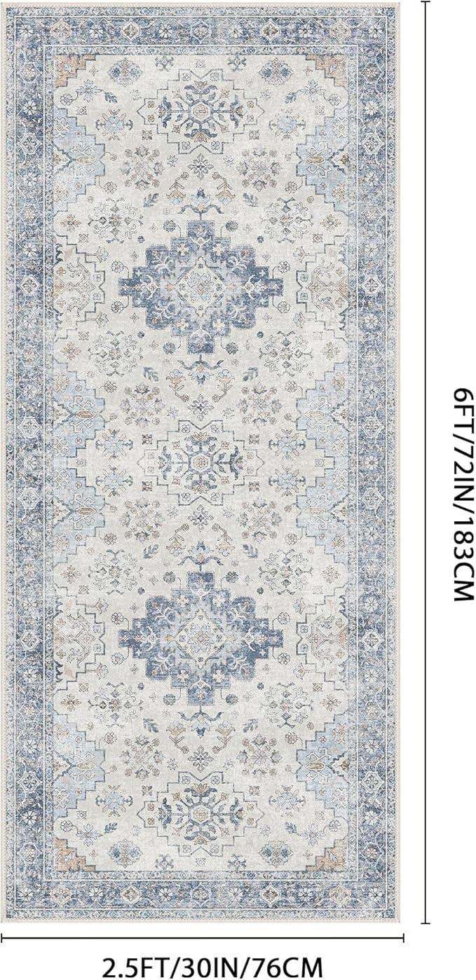 GENIMO 2'6''x6 Runner Rug,Machine Washable Non-Slip Vintage Rugs,Low Pile Lightweight Carpet for Bedroom,Hallway,Entryway,Kitchen,Bathroom,Blue