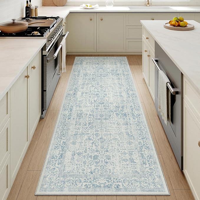 PureCozy Blue Runner Rug 3x14 Hallway Machine Washable Kitchen Vintage Distressed Non Slip Long Carpet Indoor Retro Floral Bedroom Accent Throw Rug for Bathroom Office Laundry Dining Living Room