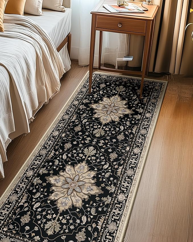 RELEANY Area Rugs 2'x6' Washable Non-Slip, Floral Vintage Distress Print Pattern Medallion Carpet for Living Room Bedroom Dining Room, Black Brown Neutral Dark Tan