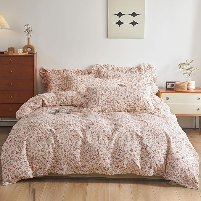 Girls Pink Floral Duvet Cover Full Size Cute Pink Red Flower Duvet Cover 100% Cotton Aesthetic Floral Bedding Set Botanical Flower Cottagecore Comforter Cover with Ruffle Pillowcases for Teen Girls