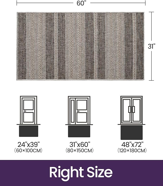 DEXI Dirt Trapper Door Mat, 31x60 Washable Doormat, Dirt Resistant and Absorbent, Easy Clean Low-Profile Floor Rugs for Entryway, Front Door, and Inside Entrance, Striped Brown
