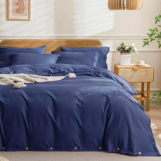 JELLYMONI Cotton Duvet Cover Full Size - Navy Blue Comforter Cover with Button 100% Washed Cotton 3PCS Breathable Soft Solid Bedding Set Duvet Cover 80×90in & 2 Pillowcases (NO Comforter)