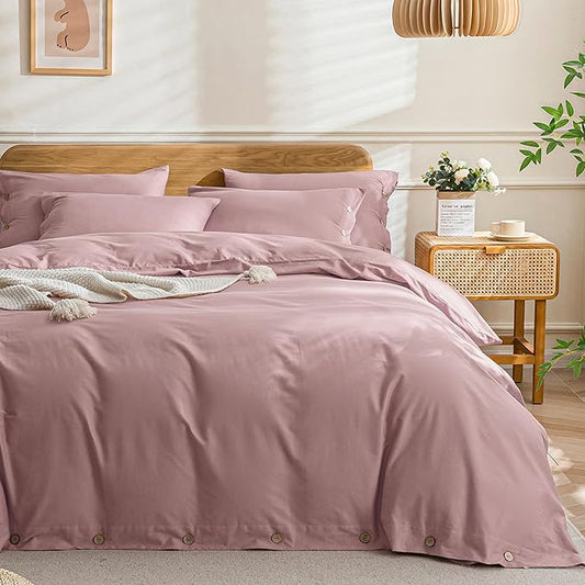 JELLYMONI Cotton Duvet Cover Twin Size - Pink Comforter Cover with Button 100% Washed Cotton 2PCS Breathable Soft Solid Bedding Set Duvet Cover 68×90in & 1 Pillowcase (NO Comforter)