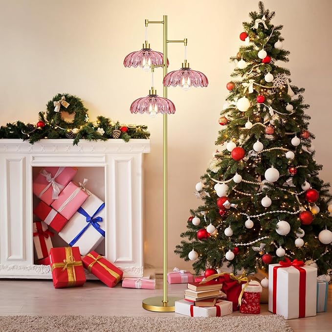 ZECOXOL Vintage Floor Lamps for Living Room Bedroom-3 Light Glass Floor Lamp with Three Led Bulb, Modern Mid Century Standing Lamp Brass Tall Lamp Gold Tree Floor Lamp for Bedroom Corner