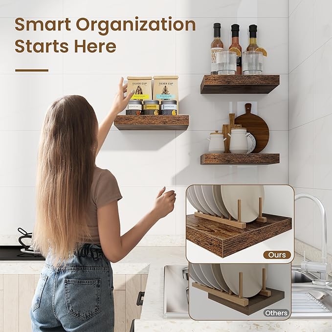 Square Floating Shelves for Wall, 11.5"W x 11.5"D x 1.25"H, 3 Pack Small Wall Mounted Engineered Wood Shelves with Invisible Brackets for Living Room, Bedroom, Bathroom, Kitchen Decor, Rustic Brown