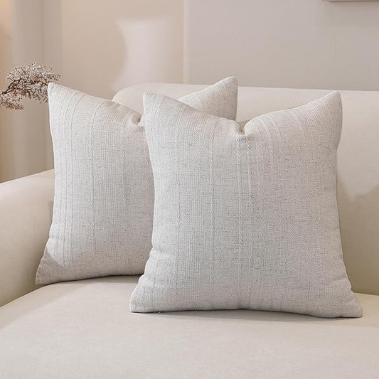 QDTTSRY Natural Linen Throw Pillow Covers Set of 2-18x18 Inch Rustic Striped Farmhouse Decor Pillowcase, Breathable & Soft Neutral Beige Linen Cushion Covers for Couch Sofa Bedroom Living Room