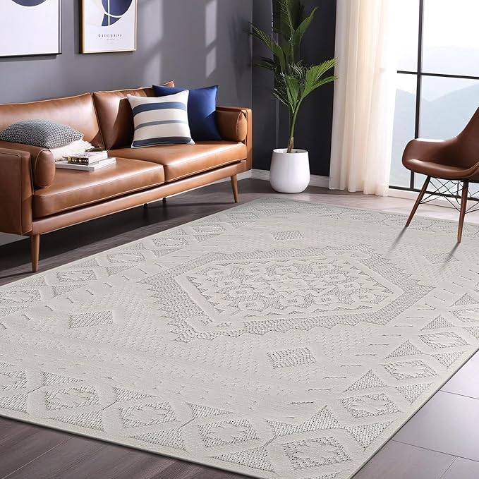 Luul Home Modern Micro Loop Indoor Area Rugs for Living Room Bedroom Kitchen Geometric Trellis White 5x7 Luxury Durable Low and High Pile Non-Shedding Stain Resistant Soft Area Carpet 5 x 7