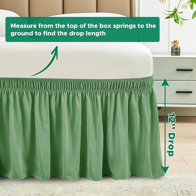 Biscaynebay Wrap Around Bed Skirts for King & Cal King Beds Short Drop of 12", Sage Adjustable Elastic Dust Ruffles Easy Fit Wrinkle Resistant Silky Luxurious Fabric Machine Washable