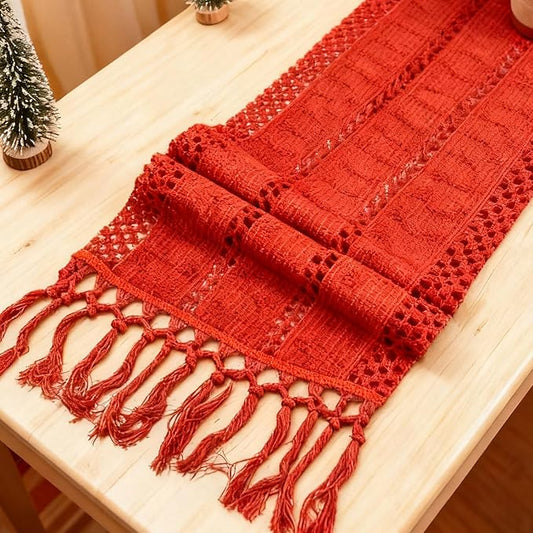 Niviy Christmas Table Runner for Red Tassel Home Decor 108 Inches Long, Winter Xmas Holiday Rustic Macrame Cotton Linen Woven Coffee Table Runners for Christmas Dining Table Decoration, Red