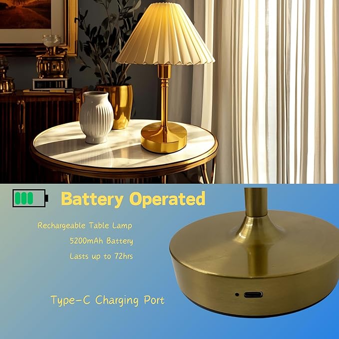 Small Pleated Table Lamp - Cordless, Touch Control, Ideal for Bedroom and Living Room Decoration