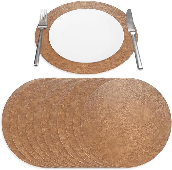 Morgan Faux Leather Round Set of 12 Placemats, 15", Camel, Heat Resistant, Stain Resistant, Non-Slip, Reversible, Durable Table Mats for Kitchen, Dining Table, Indoor Washable Use
