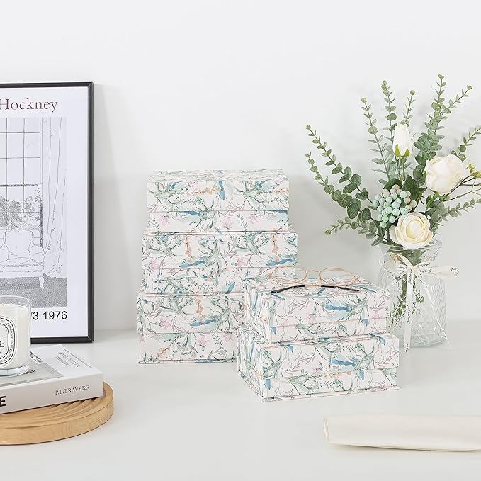 Soul & Lane Decorative Cardboard Storage Boxes with Lids - Set of 5, Floral Nesting Keepsake and Memory Boxes, Organizers with Magnetic Closure for Home Décor and Gifts, Meadow Mist