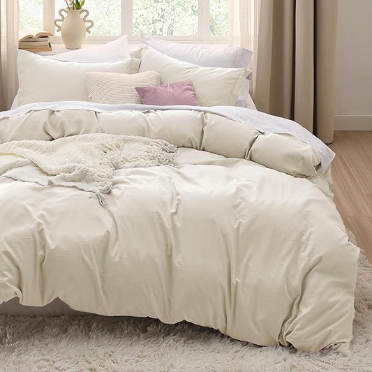 Bedsure Oat Milk Duvet Cover Queen Size - 3 Pieces Prewashed Cotton-Like Extra Soft Bedding Set, Includes 1 Duvet Cover 90x90 Inches with Zipper Closure & 2 Pillow Shams, Comforter Not Included
