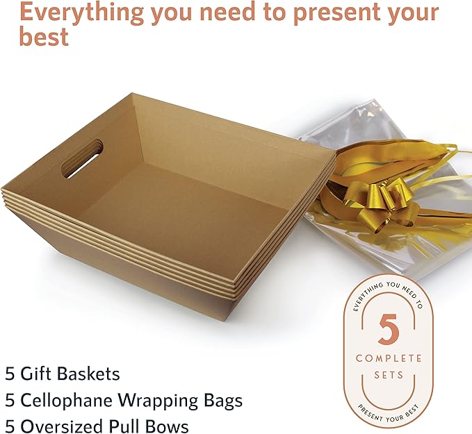 (5pk) Large Baskets For Gifts Empty, Tray For Gifting, Storage 10x12” Sturdy Cardboard Tray With Handles, 5 Cellophane Gift Bags And 5 Gold Pull Bows For Gifting