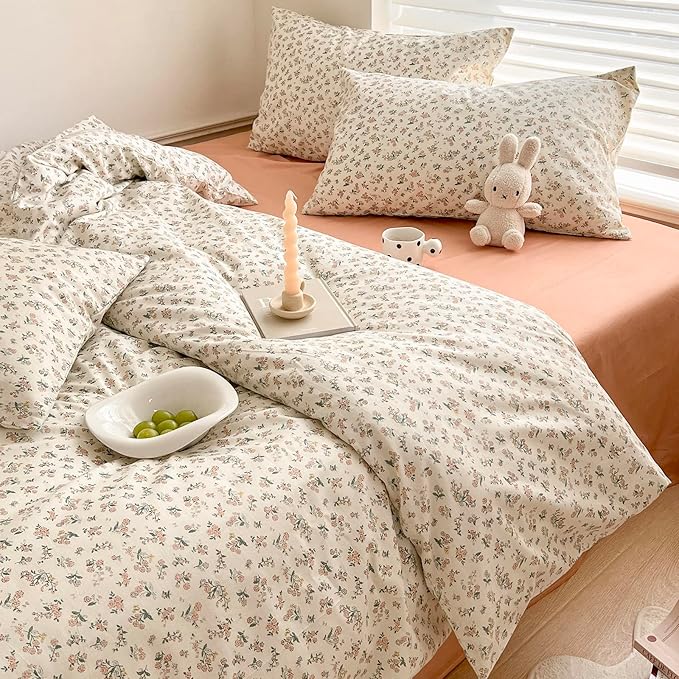 Boho Floral Duvet Cover Queen Aesthetic Floral Comforter Cover Cotton Pink Floral Bedding Set Vintage Botanical French Style Duvet Cover Cute Flower Bedding Cover Cottagecore Comforter Cover Queen