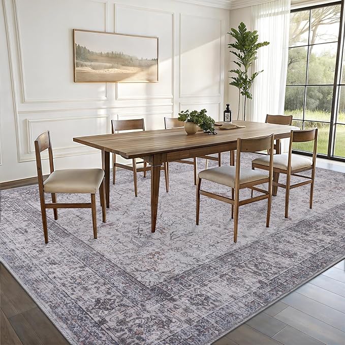 Vanmoos 4x6 Area Rug - Machine Washable, Non-Slip Soft Carpet for Living Room, Bedroom, Office, Dining Room - Durable Accent Rug for Farmhouse & High-Traffic Areas, Rustic Vibes/Taupe