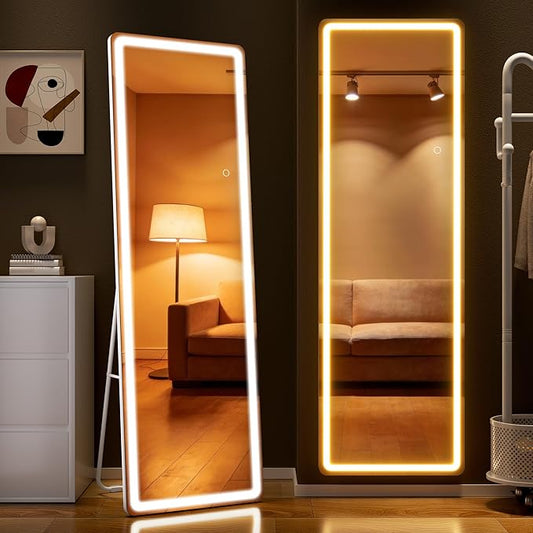 Full Length Mirror with Lights, 56" x 15.8" LED Lighted Floor Standing Body Mirror, Dimmable & 3 Color Lighting for Bedroom, Cloakroom, Dressing Room, Tempered Glass, White