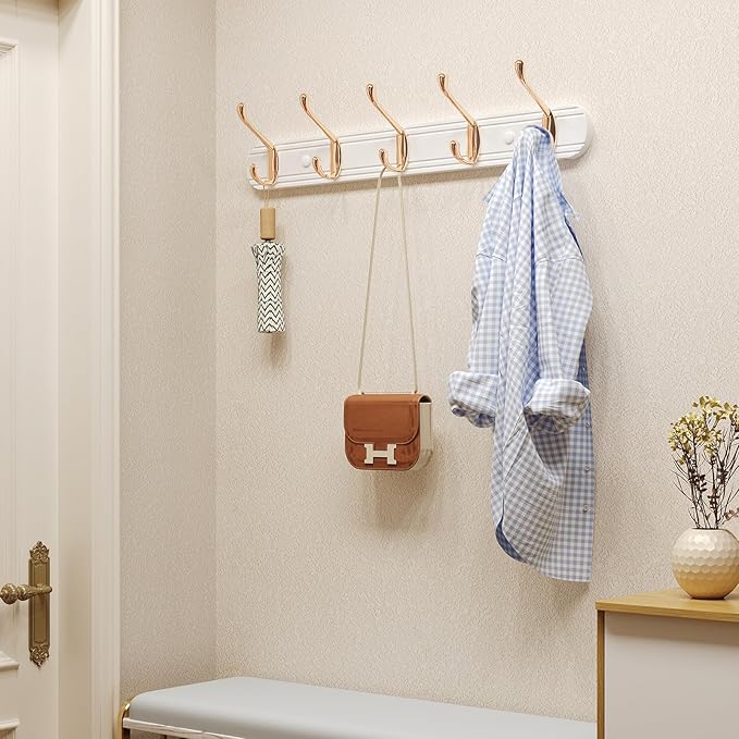 Coat Rack Wall Mount, Bamboo Coat Hanger with 5 Metal Pink Gold Hooks for Hanging Clothes, Towels, Keys, Hats, Bags(White)