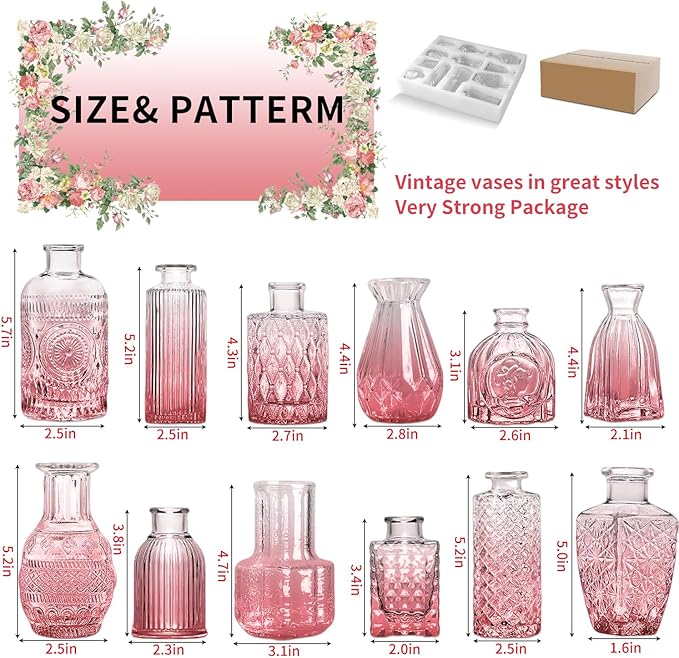 KUAGUINZUHE 12 Pcs Glass Bud Vase Set, Small Pink Vintage Flower Vases for Wedding Centerpieces in Bulk, Mini Embossed Vases for Home Table Decor, Party, Baby Shower Decorations