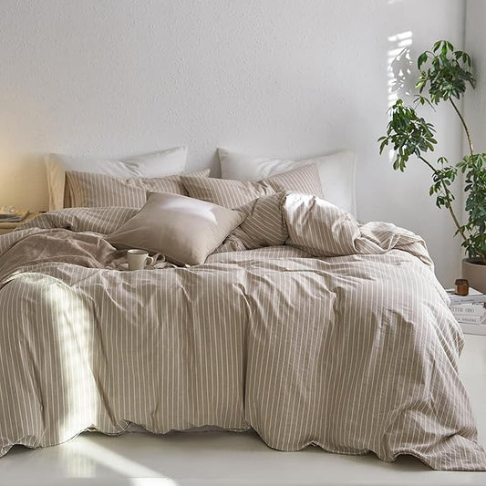 MooMee Striped Duvet Cover Set 100% Washed Cotton Linen Like Textured Breathable Durable Soft Comfy (Tannish Linen Grey White Wide Stripes, Queen 90"x90")
