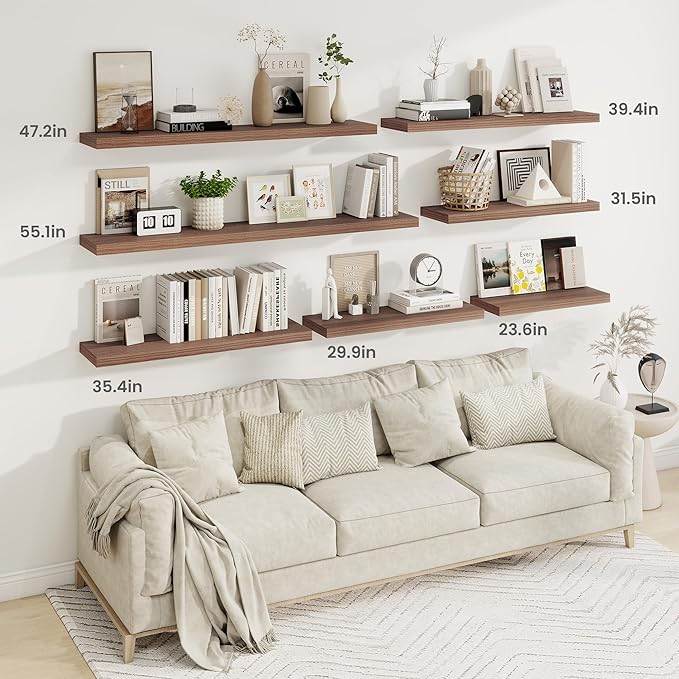 Fun Memories 36 Inch Floating Shelves, 9.3 Inch Deep Rustic Wall Shelves - Extra Deeper Wall Mounted Storage Shelves for Bathroom, Kitchen, Living Room (Walnut, Set of 2)