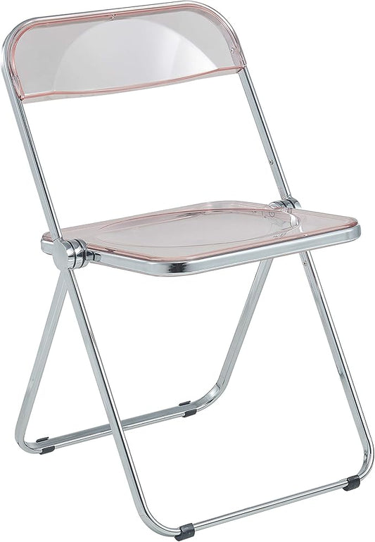 LeisureMod Lawrence Modern Clear Acrylic Folding Chair with Metal Frame, Space-Saving Transparent Seating for Dining Room, Home Office, Bedroom, Vanity or Small Spaces, (Rose Pink, Singles)