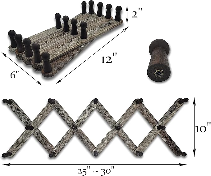 Expandable Wooden Coat Rack Hanger - Accordion Wall Hanger with Expanding Wall Pegs | Hand Made Vintage Wooden Hat Rack for Wall | Hang Coat, Jacket, Hat | Wall Rack – 14 Hook, Washed Gray