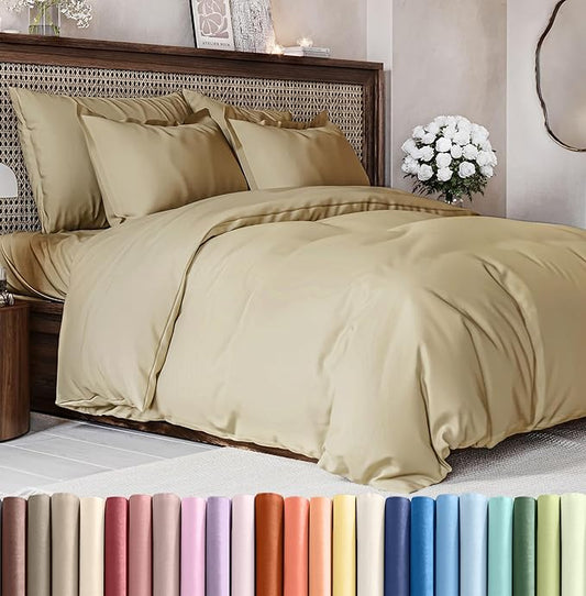 CGK Unlimited Duvet Cover Full Size Set - Extra Soft Full Size Duvet Cover 80 x 90 with 2 Pillow Shams - Hotel Quality Easy Care w/Zipper Closures & Ties - Bedding and Bed Linens Set (Beige)