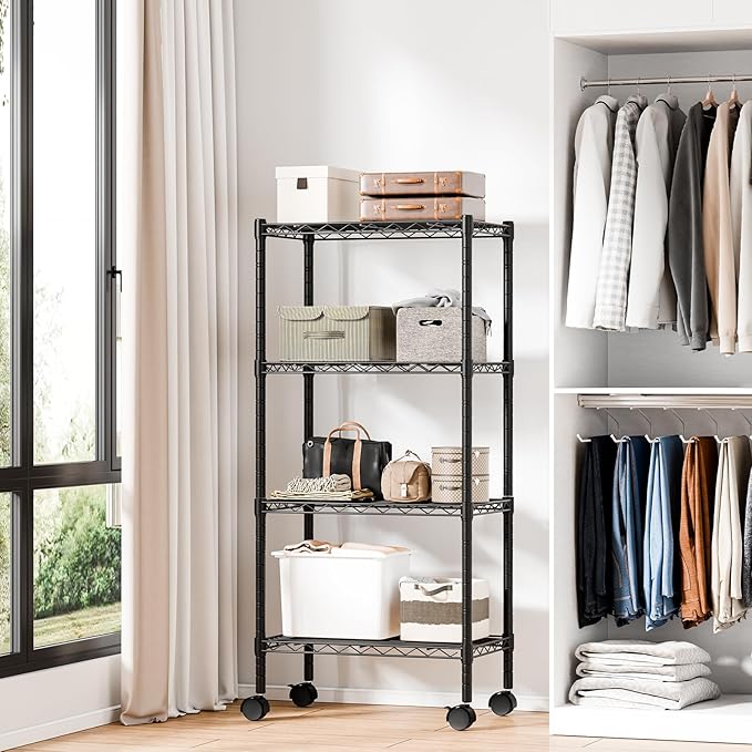 DUMOS 4 Tier Metal Shelving, Heavy Duty Shelves Wire Shelving Unit with Removable Wheel Casters, Shelves Organizer for Bathroom Garage Living Room Kitchen Pantry Laundry