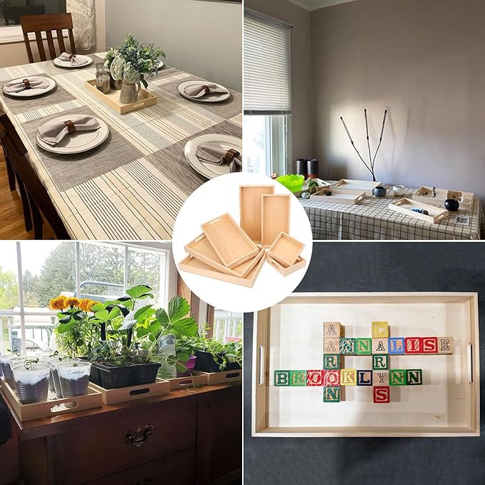7 PCS Wooden Nested Serving Trays with Handles- Rectangular Wood Crafts Trays for Organizing, Wooden Serving Trays for Serving, Kitchen, Breakfast, Parties and Home Decor