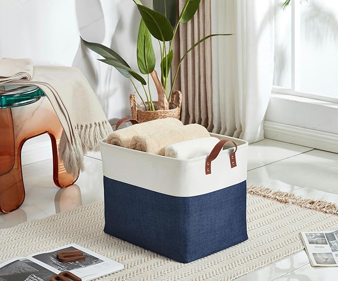 DECOMOMO Large Fabric Storage Baskets - Linen Closet Storage Bins with Handles for Laundry, Clothes, Home, Office (Navy Blue & White, XXL - 3 Pack)