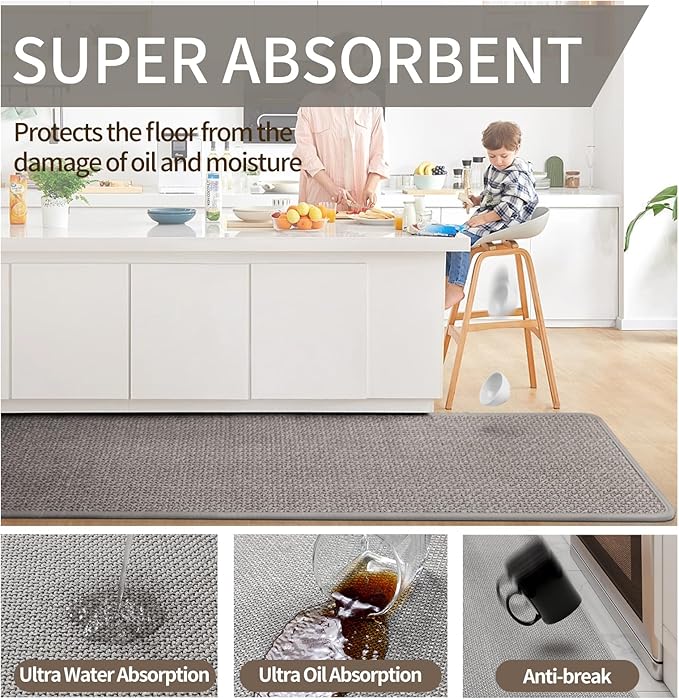 Water Absorbent Runner Rugs for Kitchen, Kitchen Mat in Front of Sink, Oil Absorbent Kitchen Mats for Floor,Non-Slip Kitchen Rugs,Durable Kitchen Mats，17x30 Gray Kitchen Rugs,